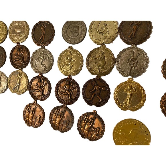 HUGE Vtg Lot Sports 100+ Medals Awards All Metal Sports Track Volleyball Archery - Picture 6 of 16